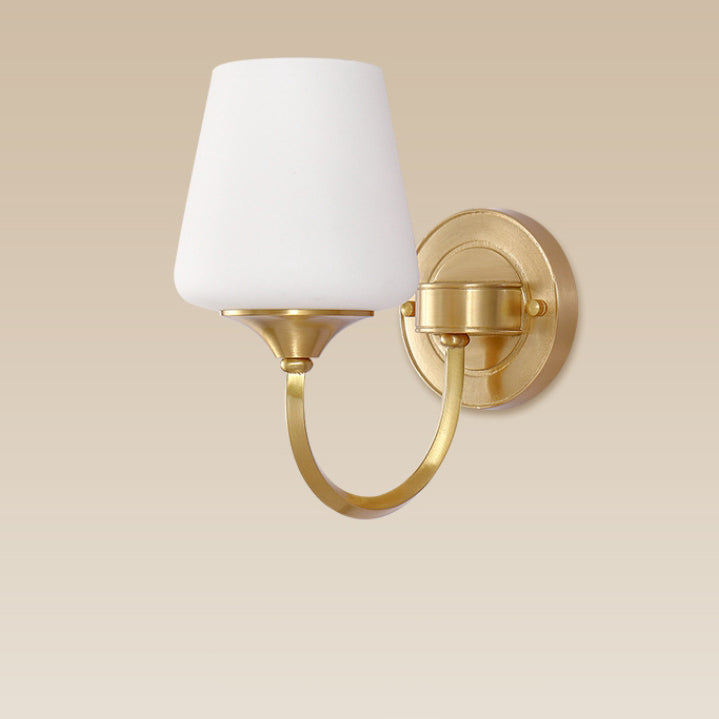 Traditional European Curved Pole Round Cup Shape Full Copper Glass Shade 1/2 Light Wall Sconce Lamp For Living Room