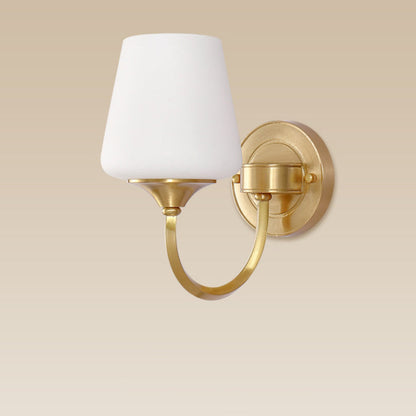 Traditional European Curved Pole Round Cup Shape Full Copper Glass Shade 1/2 Light Wall Sconce Lamp For Living Room