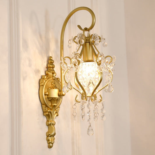 Traditional French Curved Rod Iron Frame Crystal 1-Light Wall Sconce Lamp For Living Room