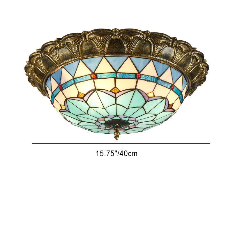 Traditional Tiffany Round Dome Iron Stained Glass LED Flush Mount Ceiling Light For Living Room