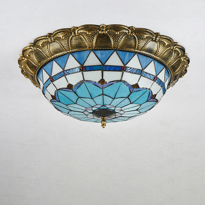 Traditional Tiffany Round Dome Iron Stained Glass LED Flush Mount Ceiling Light For Living Room