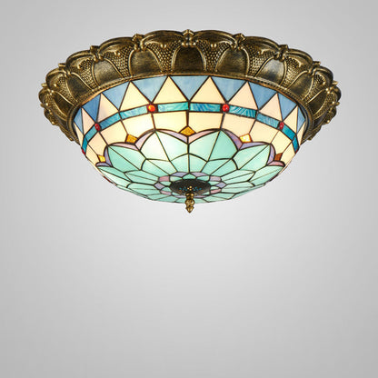Traditional Tiffany Round Dome Iron Stained Glass LED Flush Mount Ceiling Light For Living Room