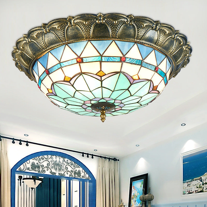 Traditional Tiffany Round Dome Iron Stained Glass LED Flush Mount Ceiling Light For Living Room