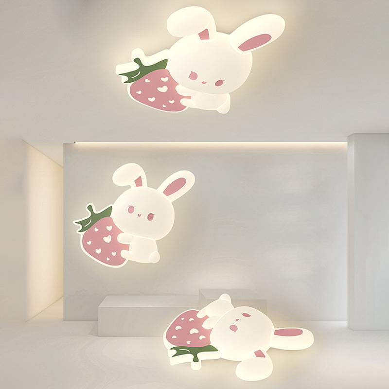Contemporary Creative Kids Strawberry Bunny Iron PE LED Flush Mount Ceiling Light For Bedroom