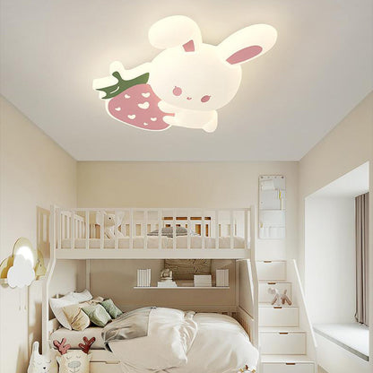 Contemporary Creative Kids Strawberry Bunny Iron PE LED Flush Mount Ceiling Light For Bedroom