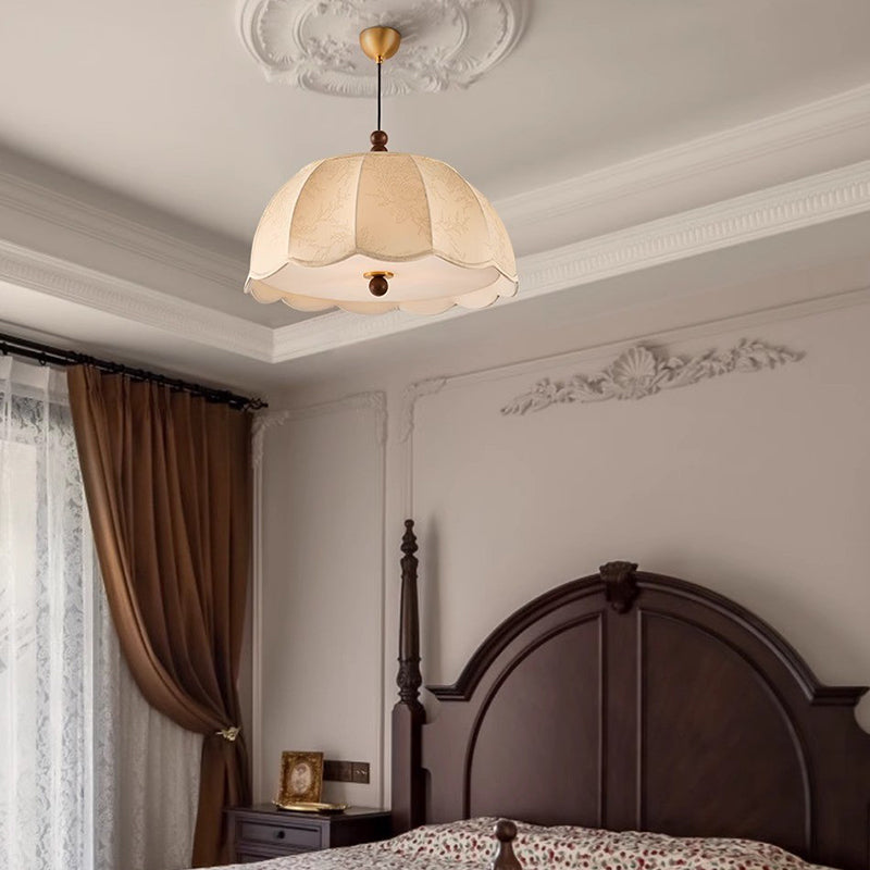 Traditional French Round Petal Wooden Beads Iron Fabric Shade 1-Light Pendant Light For Living Room
