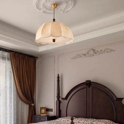 Traditional French Round Petal Wooden Beads Iron Fabric Shade 1-Light Pendant Light For Living Room