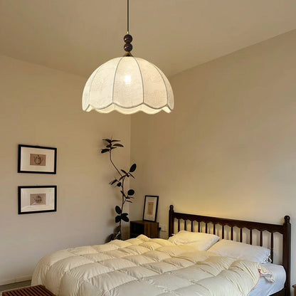 Traditional French Round Petal Wooden Beads Iron Fabric Shade 1-Light Pendant Light For Living Room
