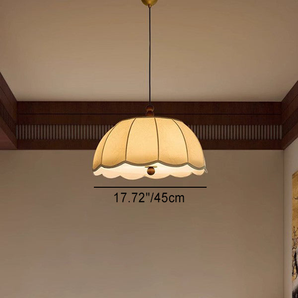 Traditional French Round Petal Wooden Beads Iron Fabric Shade 1-Light Pendant Light For Living Room