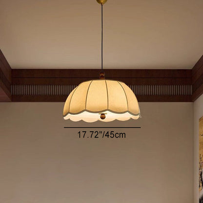 Traditional French Round Petal Wooden Beads Iron Fabric Shade 1-Light Pendant Light For Living Room