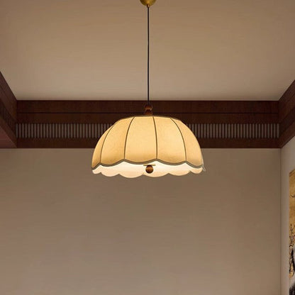 Traditional French Round Petal Wooden Beads Iron Fabric Shade 1-Light Pendant Light For Living Room
