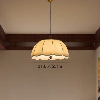 Traditional French Round Petal Wooden Beads Iron Fabric Shade 1-Light Pendant Light For Living Room