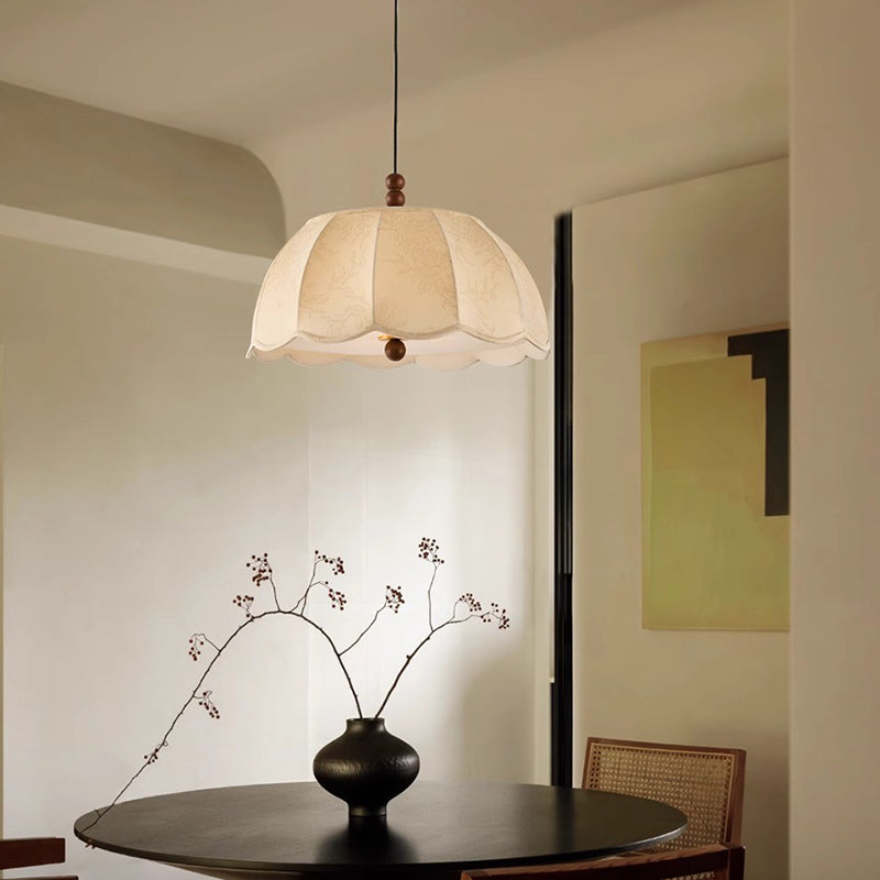 Traditional French Round Petal Wooden Beads Iron Fabric Shade 1-Light Pendant Light For Living Room