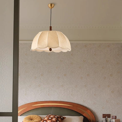 Traditional French Round Petal Wooden Beads Iron Fabric Shade 1-Light Pendant Light For Living Room