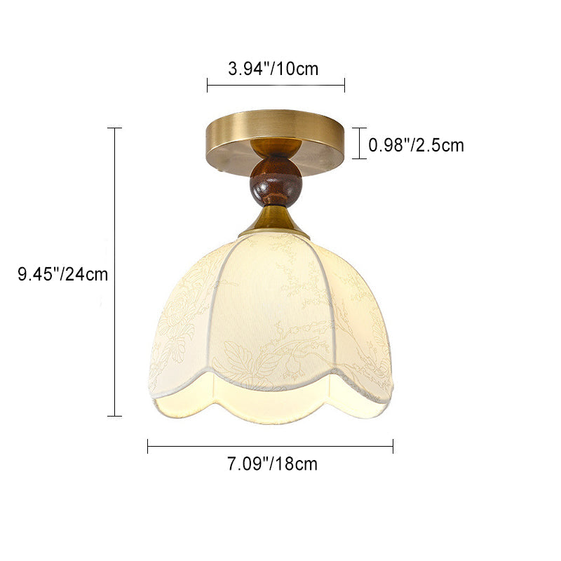 Contemporary Retro Domed Lace Printed Fabric Shade Hardware Wood 1-Light Semi-Flush Mount Ceiling Light For Living Room