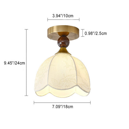 Contemporary Retro Domed Lace Printed Fabric Shade Hardware Wood 1-Light Semi-Flush Mount Ceiling Light For Living Room