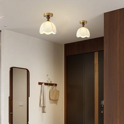 Contemporary Retro Domed Lace Printed Fabric Shade Hardware Wood 1-Light Semi-Flush Mount Ceiling Light For Living Room