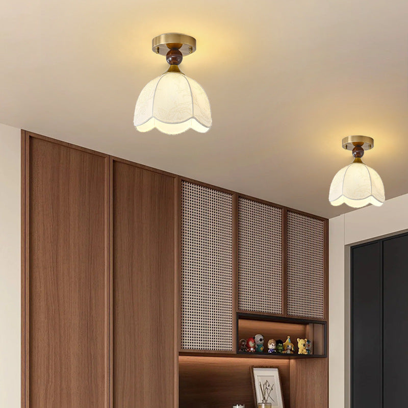 Contemporary Retro Domed Lace Printed Fabric Shade Hardware Wood 1-Light Semi-Flush Mount Ceiling Light For Living Room
