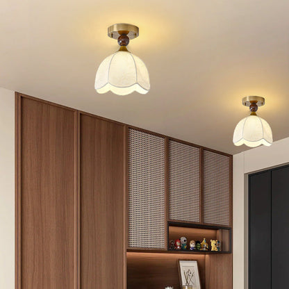 Contemporary Retro Domed Lace Printed Fabric Shade Hardware Wood 1-Light Semi-Flush Mount Ceiling Light For Living Room