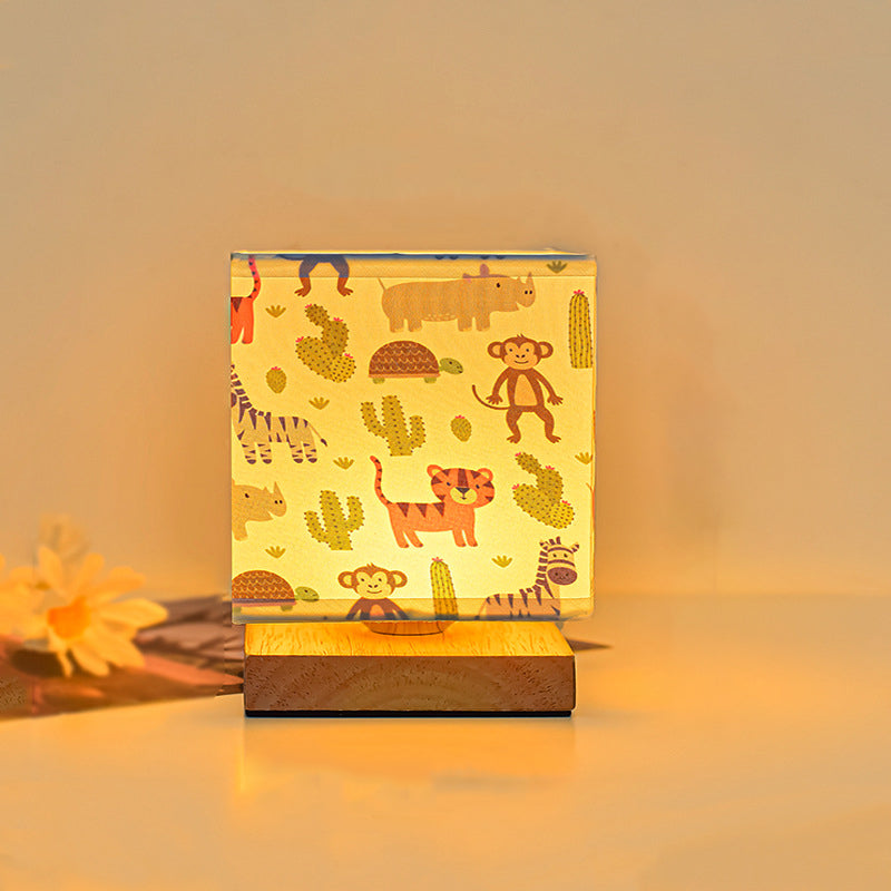 Modern Art Deco Square Floral Fabric Shade Solid Wood Base LED Table Lamp For Bedroom