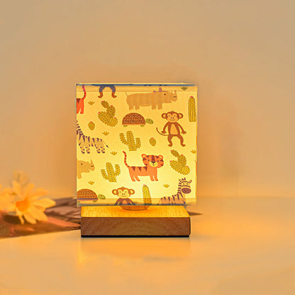 Modern Art Deco Square Floral Fabric Shade Solid Wood Base LED Table Lamp For Bedroom