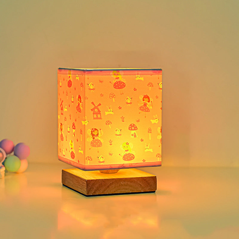 Modern Art Deco Square Floral Fabric Shade Solid Wood Base LED Table Lamp For Bedroom
