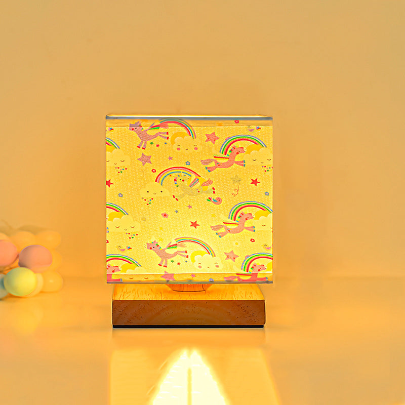Modern Art Deco Square Floral Fabric Shade Solid Wood Base LED Table Lamp For Bedroom