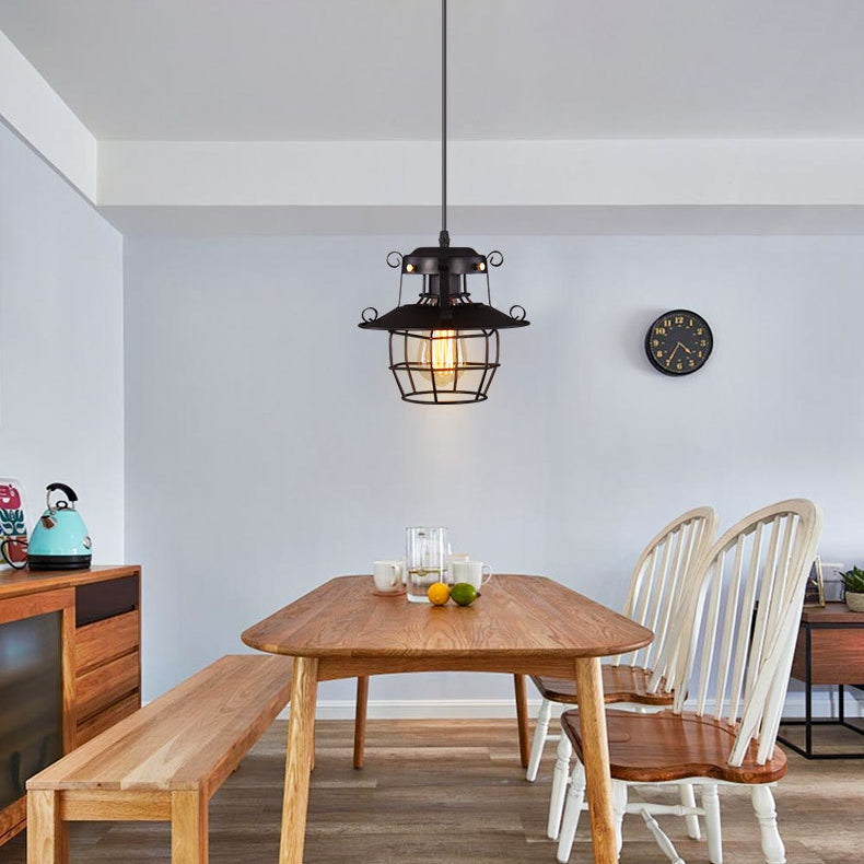 Contemporary Industrial Round Iron Cage Frame 1-Light Pendant Light For Living Room
