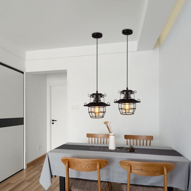 Contemporary Industrial Round Iron Cage Frame 1-Light Pendant Light For Living Room