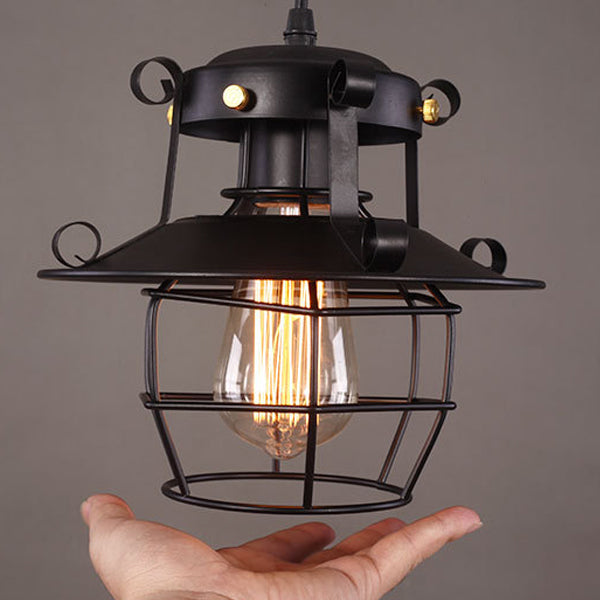 Contemporary Industrial Round Iron Cage Frame 1-Light Pendant Light For Living Room