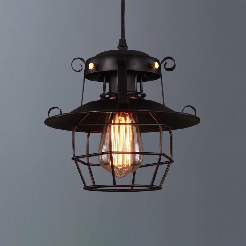 Contemporary Industrial Round Iron Cage Frame 1-Light Pendant Light For Living Room