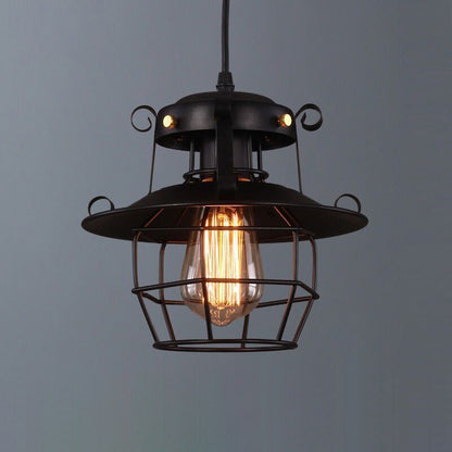 Contemporary Industrial Round Iron Cage Frame 1-Light Pendant Light For Living Room