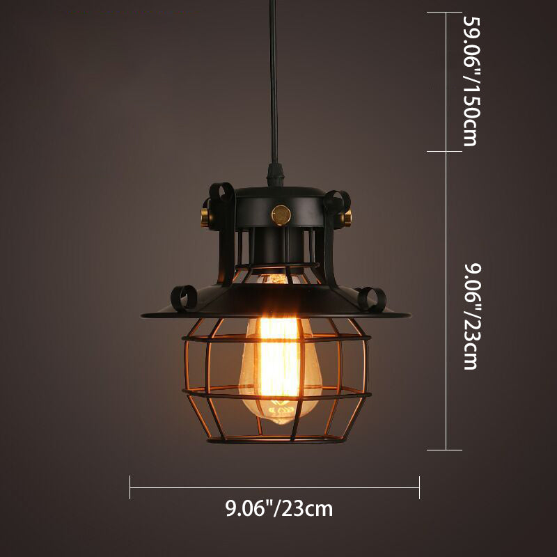 Contemporary Industrial Round Iron Cage Frame 1-Light Pendant Light For Living Room