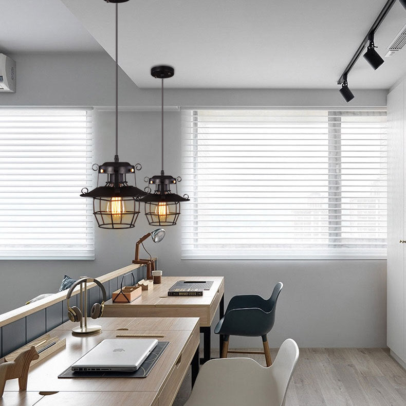 Contemporary Industrial Round Iron Cage Frame 1-Light Pendant Light For Living Room