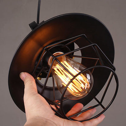Contemporary Industrial Round Iron Cage Frame 1-Light Pendant Light For Living Room