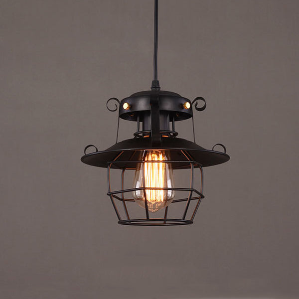 Contemporary Industrial Round Iron Cage Frame 1-Light Pendant Light For Living Room