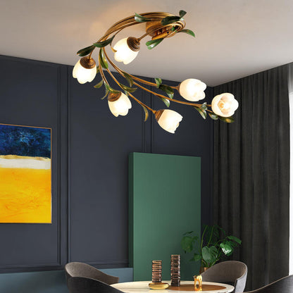 Contemporary Nordic Semi-Circular Curved Rod Floral Iron Glass Shade 6-Light Semi-Flush Mount Ceiling Light For Living Room