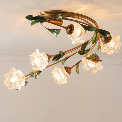 Contemporary Nordic Semi-Circular Curved Rod Floral Iron Glass Shade 6-Light Semi-Flush Mount Ceiling Light For Living Room