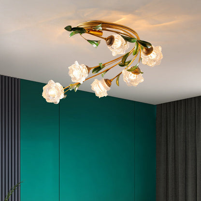 Contemporary Nordic Semi-Circular Curved Rod Floral Iron Glass Shade 6-Light Semi-Flush Mount Ceiling Light For Living Room