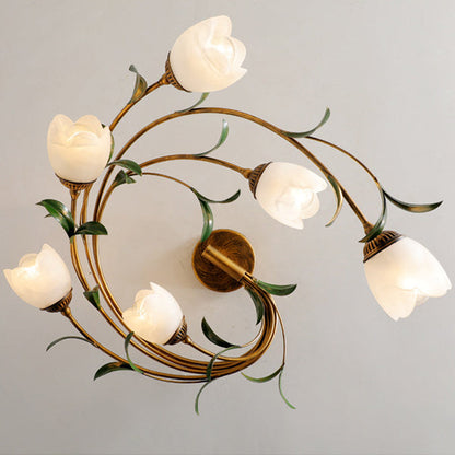 Contemporary Nordic Semi-Circular Curved Rod Floral Iron Glass Shade 6-Light Semi-Flush Mount Ceiling Light For Living Room