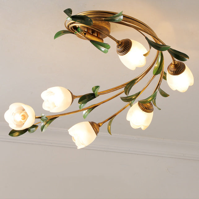 Contemporary Nordic Semi-Circular Curved Rod Floral Iron Glass Shade 6-Light Semi-Flush Mount Ceiling Light For Living Room