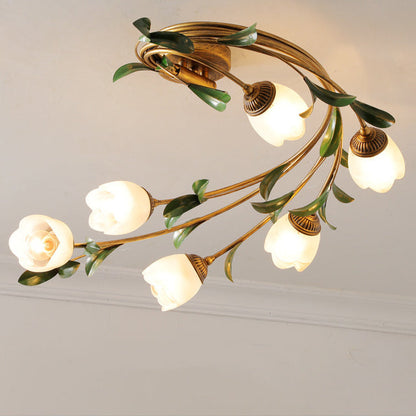 Contemporary Nordic Semi-Circular Curved Rod Floral Iron Glass Shade 6-Light Semi-Flush Mount Ceiling Light For Living Room