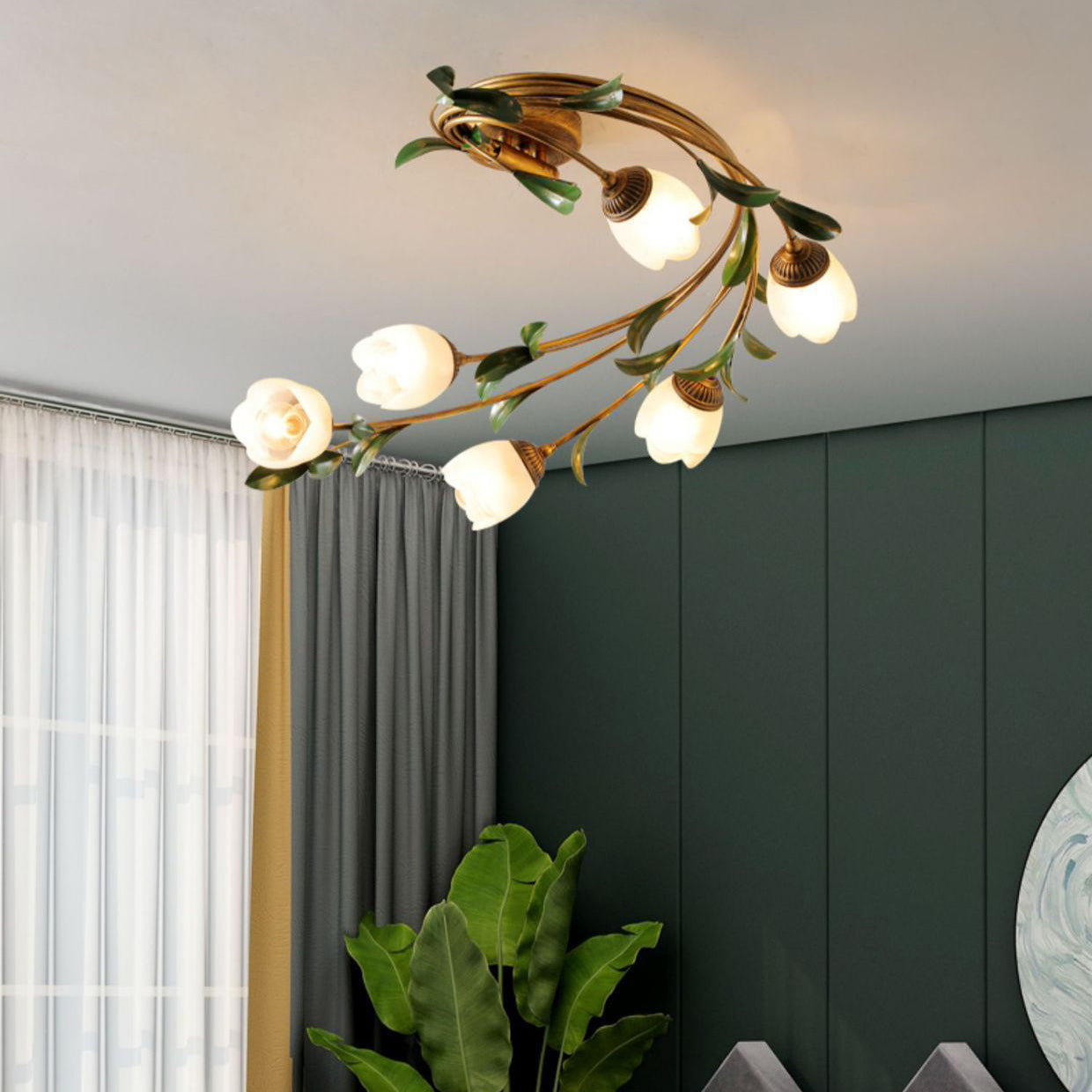 Contemporary Nordic Semi-Circular Curved Rod Floral Iron Glass Shade 6-Light Semi-Flush Mount Ceiling Light For Living Room