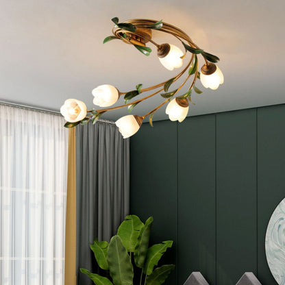 Contemporary Nordic Semi-Circular Curved Rod Floral Iron Glass Shade 6-Light Semi-Flush Mount Ceiling Light For Living Room