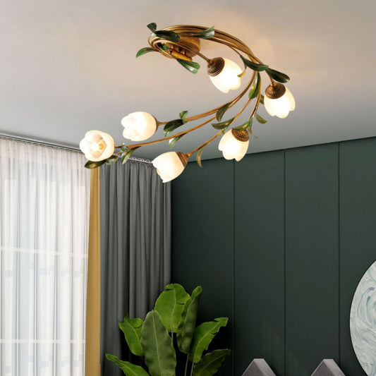 Contemporary Nordic Semi-Circular Curved Rod Floral Iron Glass Shade 6-Light Semi-Flush Mount Ceiling Light For Living Room