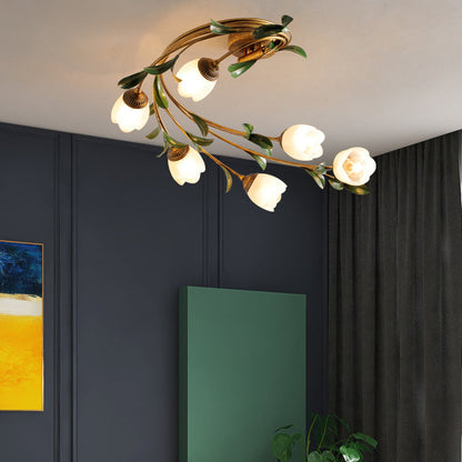 Contemporary Nordic Semi-Circular Curved Rod Floral Iron Glass Shade 6-Light Semi-Flush Mount Ceiling Light For Living Room