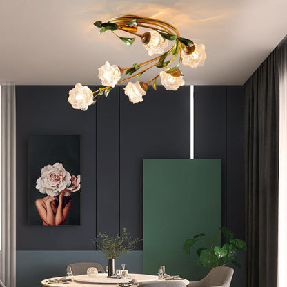 Contemporary Nordic Semi-Circular Curved Rod Floral Iron Glass Shade 6-Light Semi-Flush Mount Ceiling Light For Living Room
