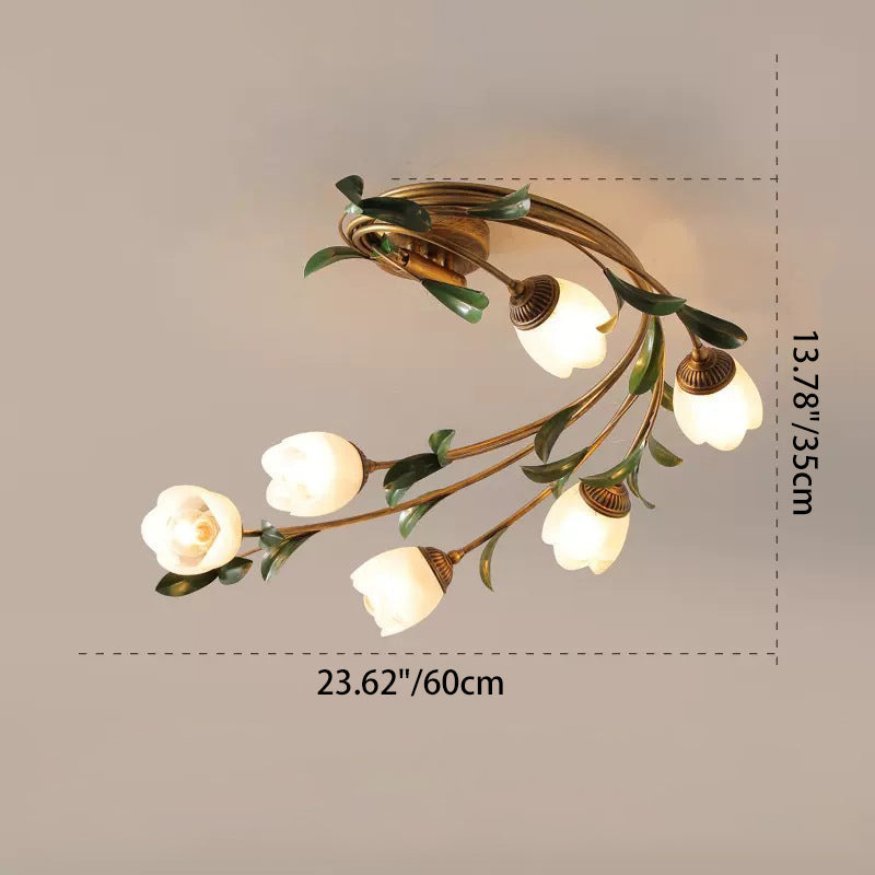 Contemporary Nordic Semi-Circular Curved Rod Floral Iron Glass Shade 6-Light Semi-Flush Mount Ceiling Light For Living Room
