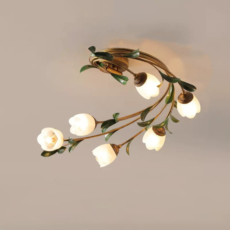 Contemporary Nordic Semi-Circular Curved Rod Floral Iron Glass Shade 6-Light Semi-Flush Mount Ceiling Light For Living Room