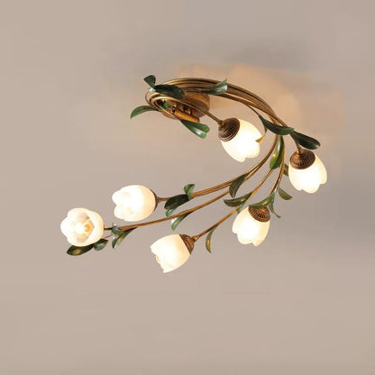 Contemporary Nordic Semi-Circular Curved Rod Floral Iron Glass Shade 6-Light Semi-Flush Mount Ceiling Light For Living Room